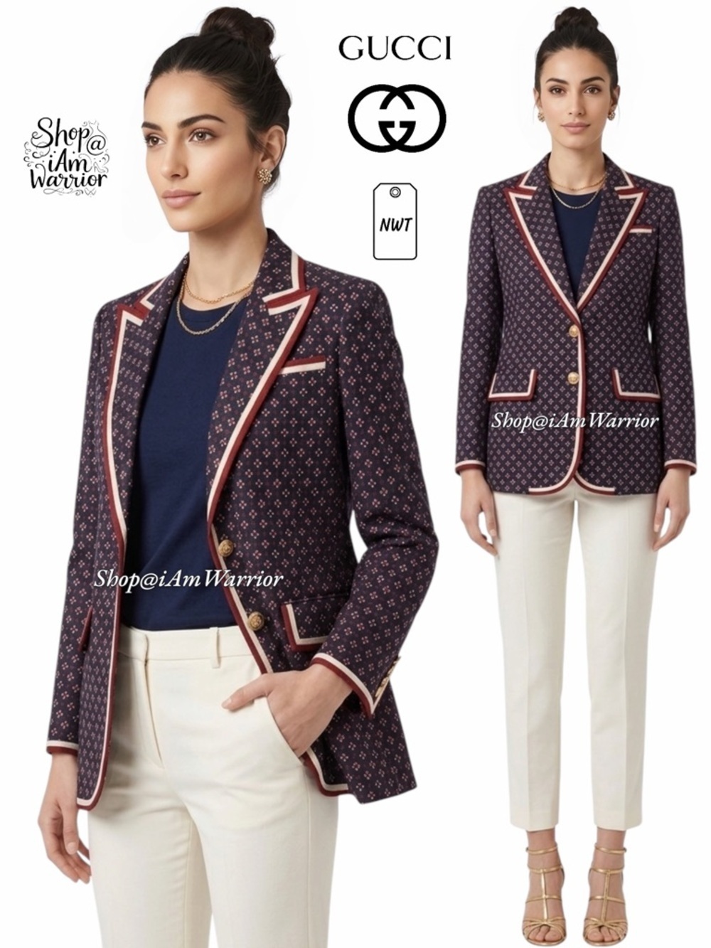 Gucci NWT navy & red geometric wool blend gold button blazer *Shop@iamwarrior